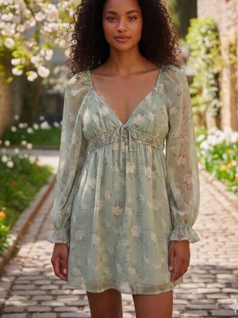 Light Sage Floral Long-Sleeve Mini Dress